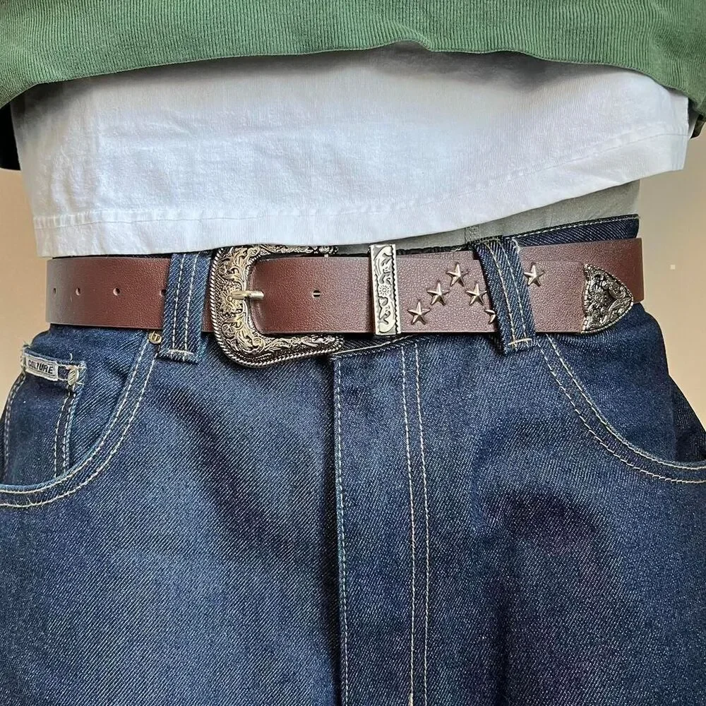 y2k brown american western cowboy boho star studded belt